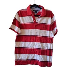 Tommy Hilfiger Red & White Striped Polo Shirt Men’s Size L Slim Classic Rugby
